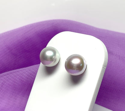 Real freshwater cultured light grey pearl white gold stud earrings