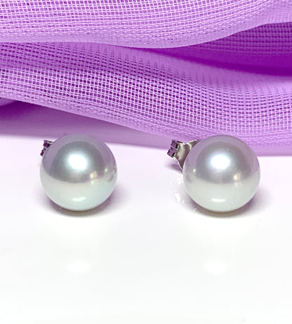 Real freshwater cultured light grey pearl white gold stud earrings