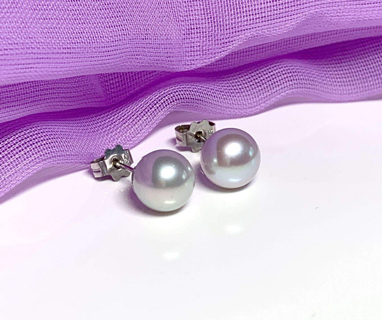 Real freshwater cultured light grey pearl white gold stud earrings