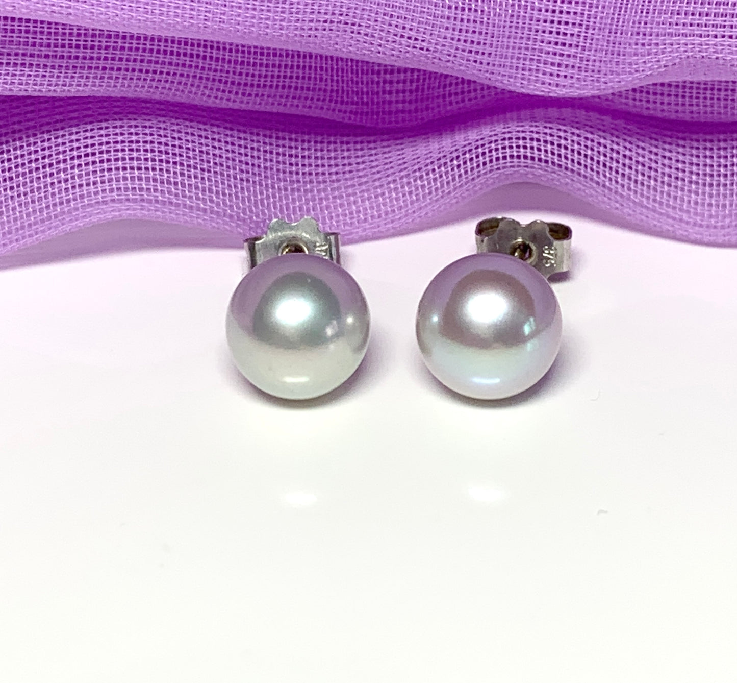 Real freshwater cultured light grey pearl white gold stud earrings