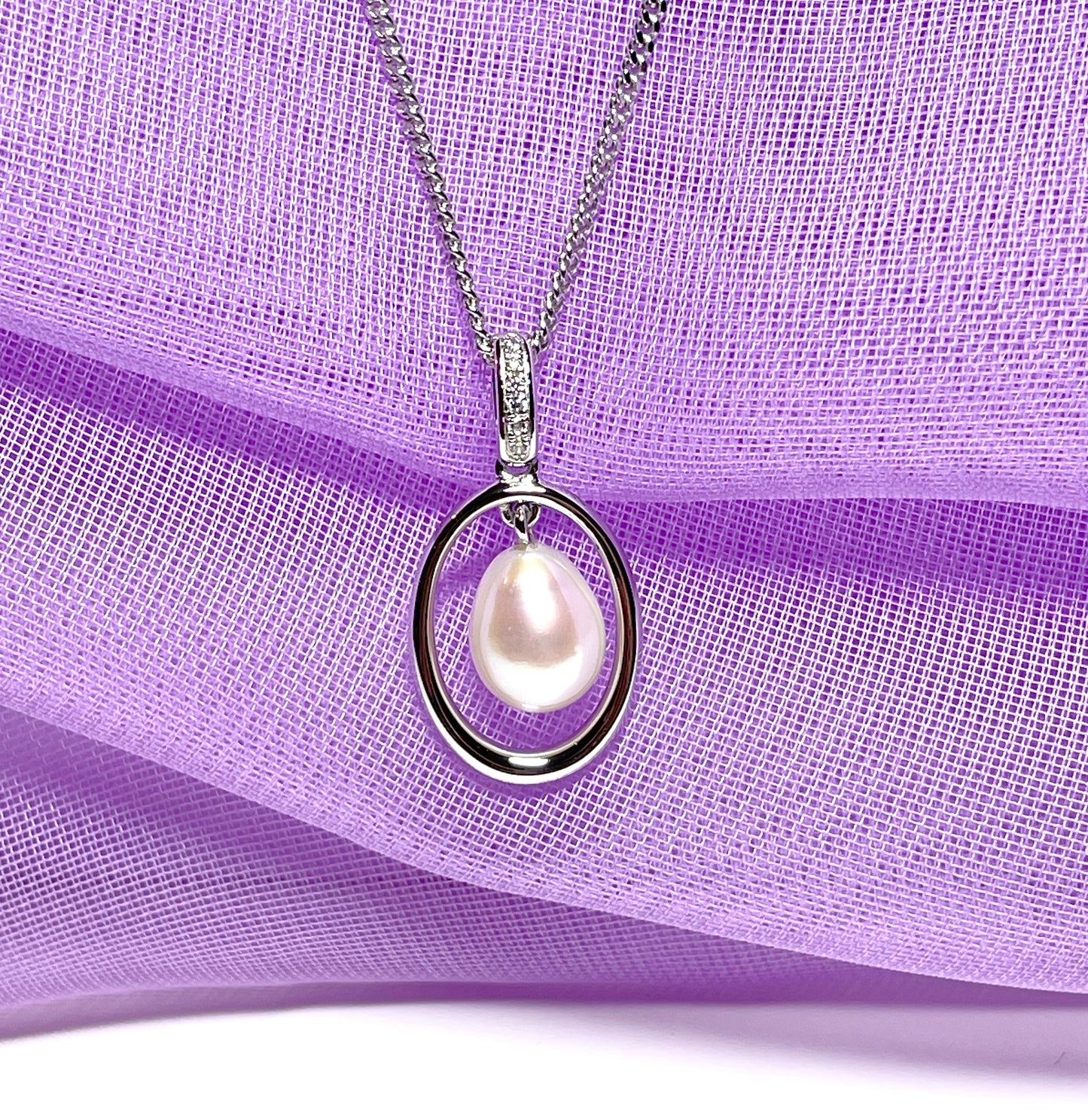 Real freshwater cultured oval pearl necklace halo pendant sterling silver