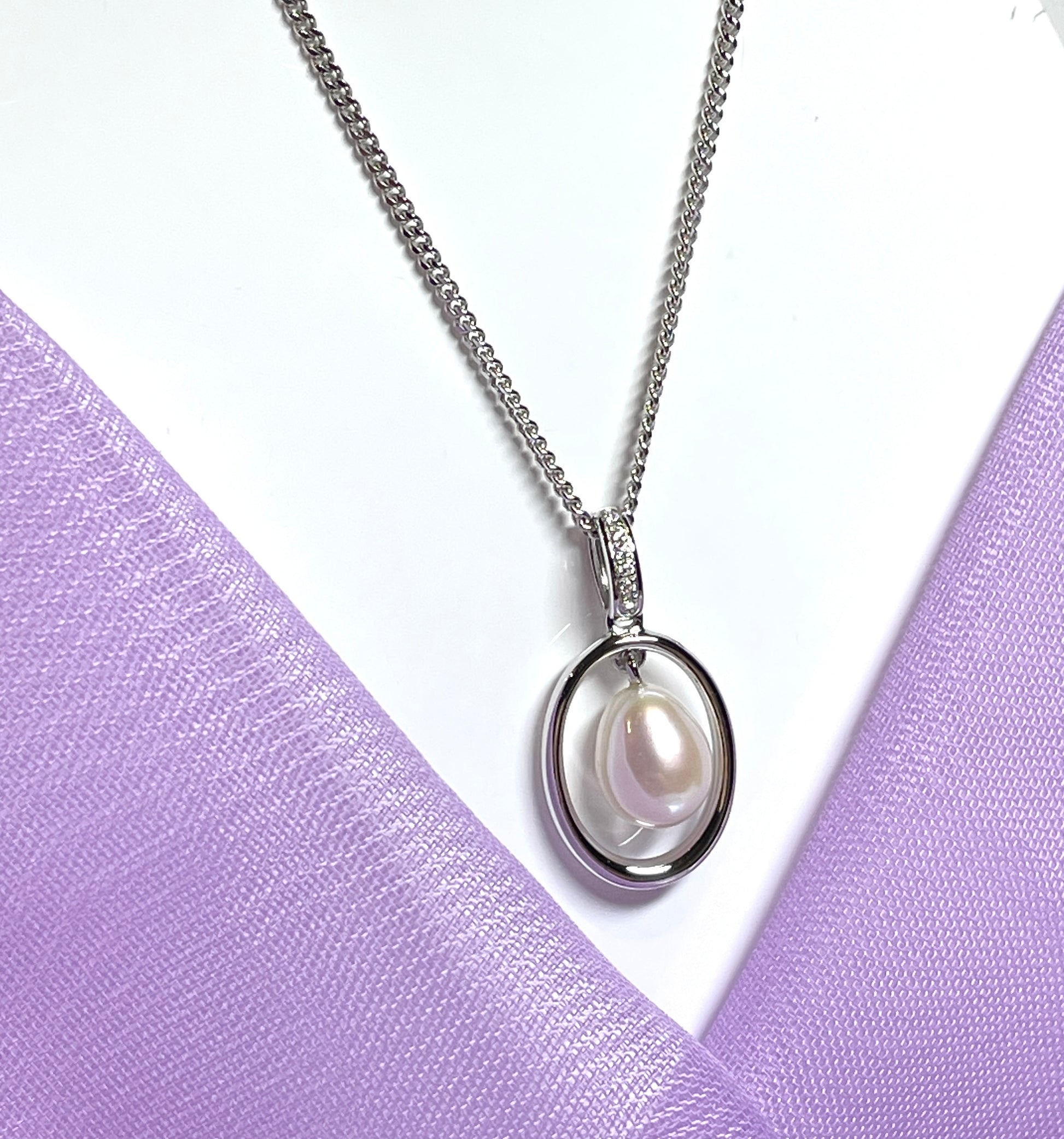 Real freshwater cultured oval pearl necklace halo pendant sterling silver