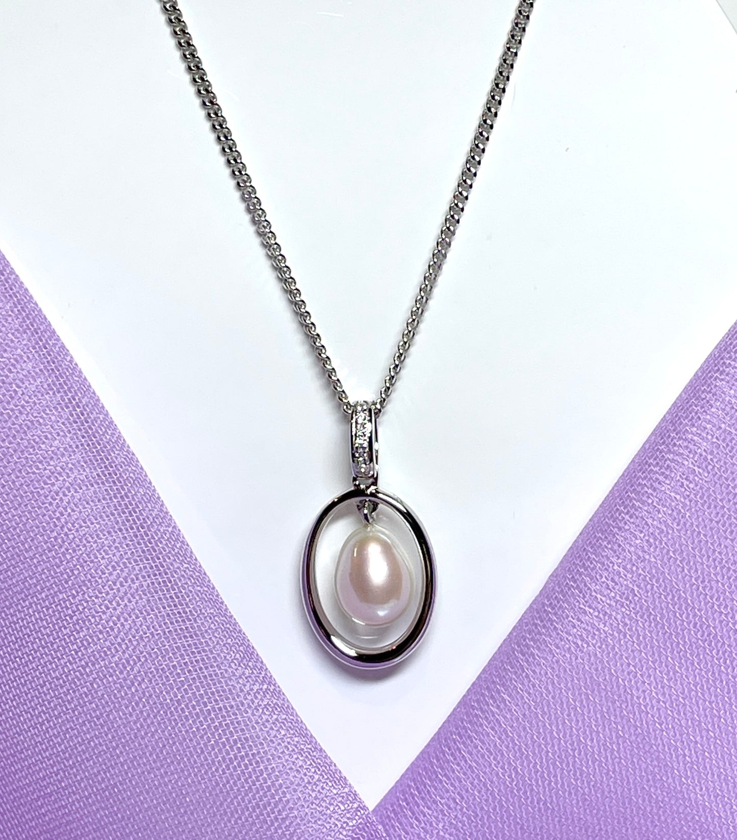 Real freshwater cultured oval pearl necklace halo pendant sterling silver