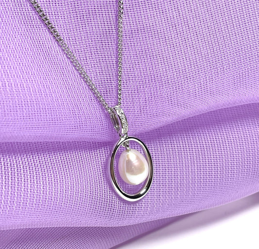 Real freshwater cultured oval pearl necklace halo pendant sterling silver