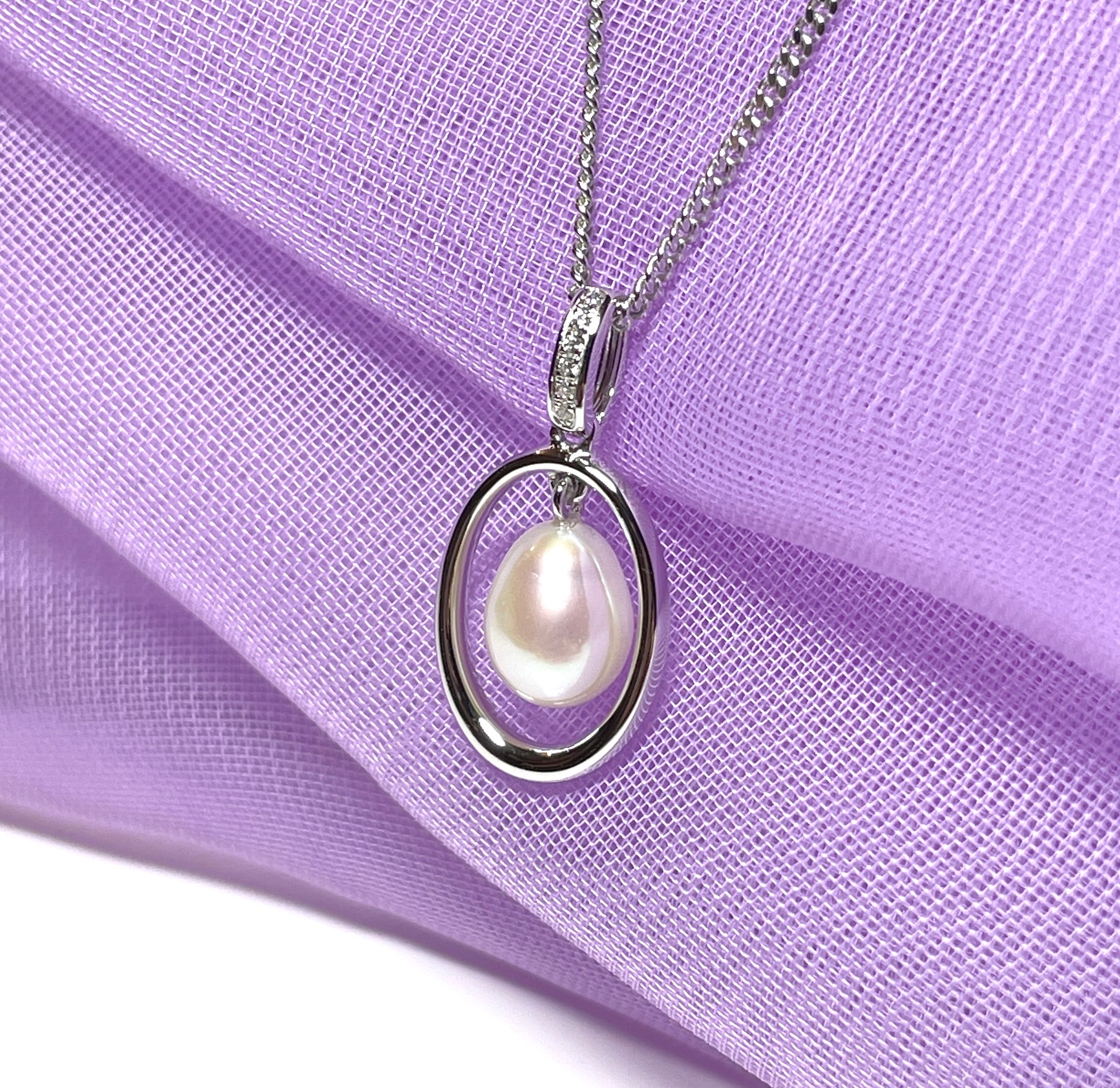 Real freshwater cultured oval pearl necklace halo pendant sterling silver