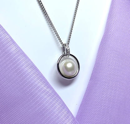 Real freshwater cultured pearl necklace halo pendant sterling silver