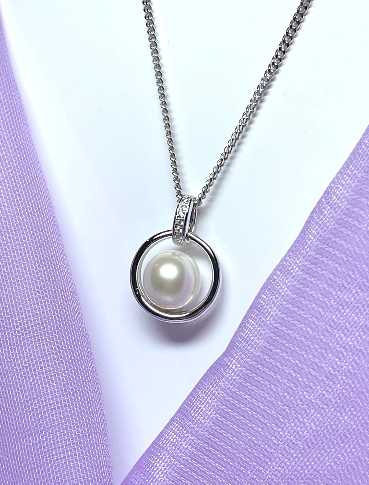 Real freshwater cultured pearl necklace halo pendant sterling silver