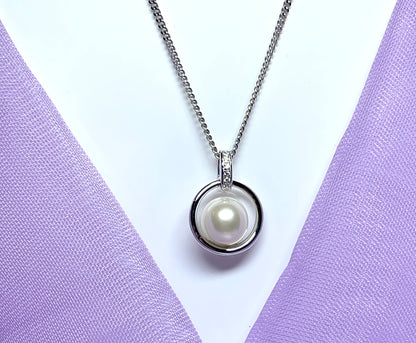 Real freshwater cultured pearl necklace halo pendant sterling silver