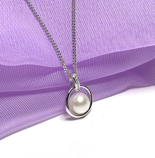 Real freshwater cultured pearl necklace halo pendant sterling silver