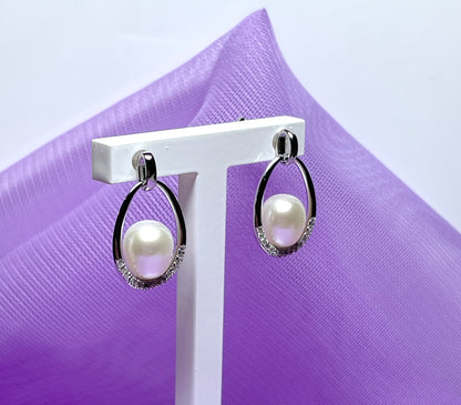 Real freshwater cultured pearl sterling silver caged halo oval drop earrings