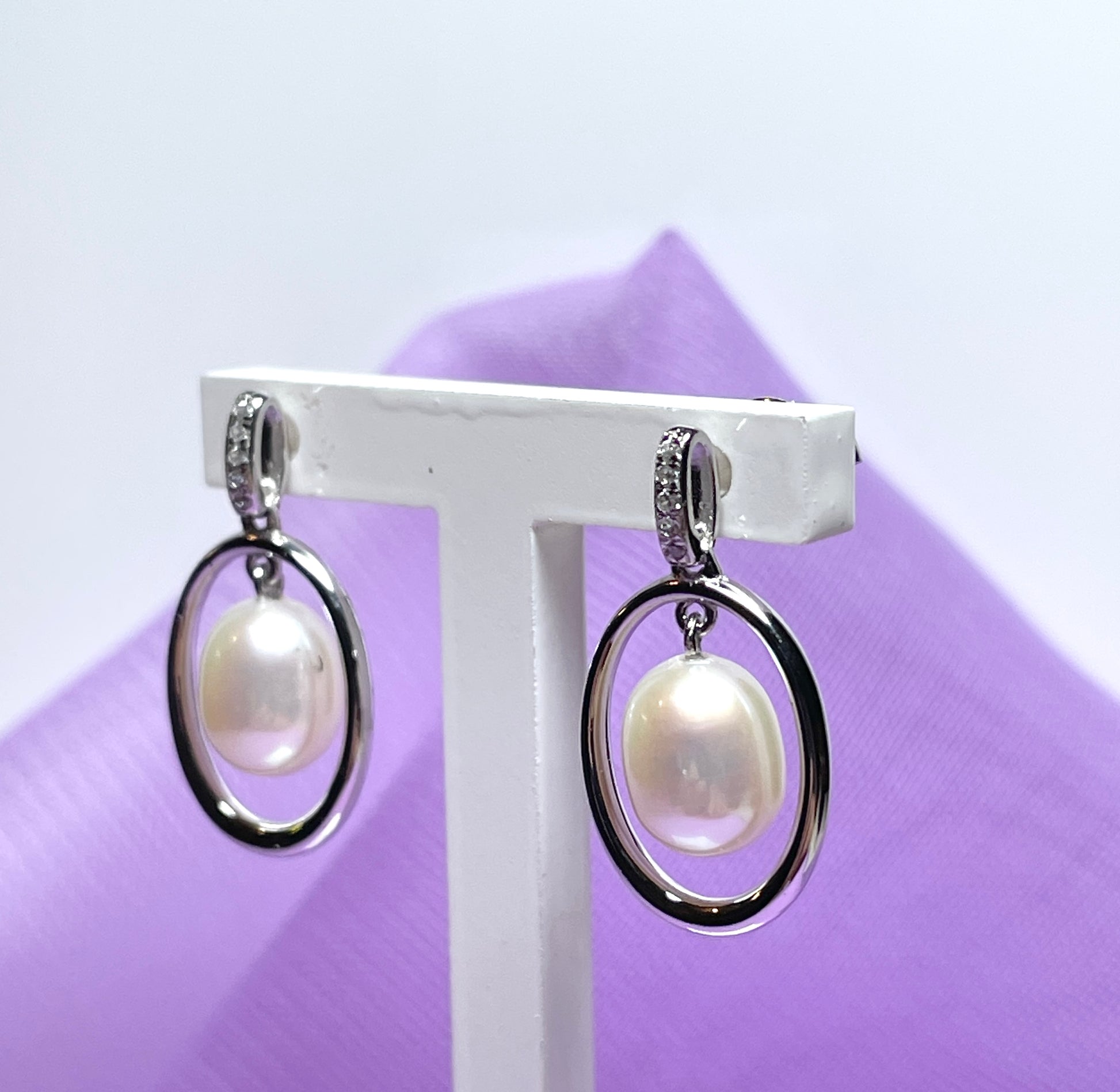 Real freshwater cultured pearl sterling silver halo oval drop earrings