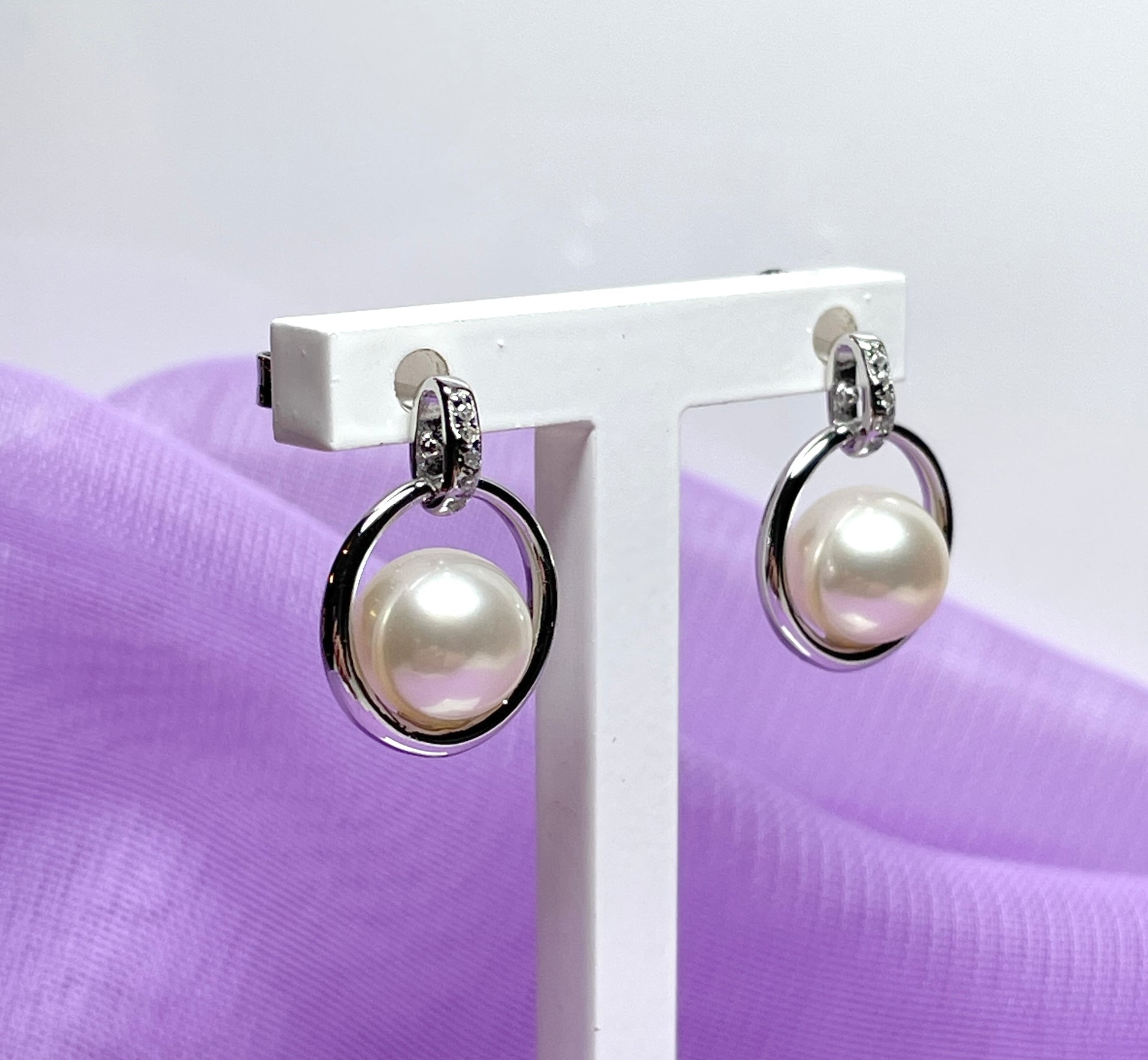 Real freshwater cultured pearl sterling silver halo round drop earrings