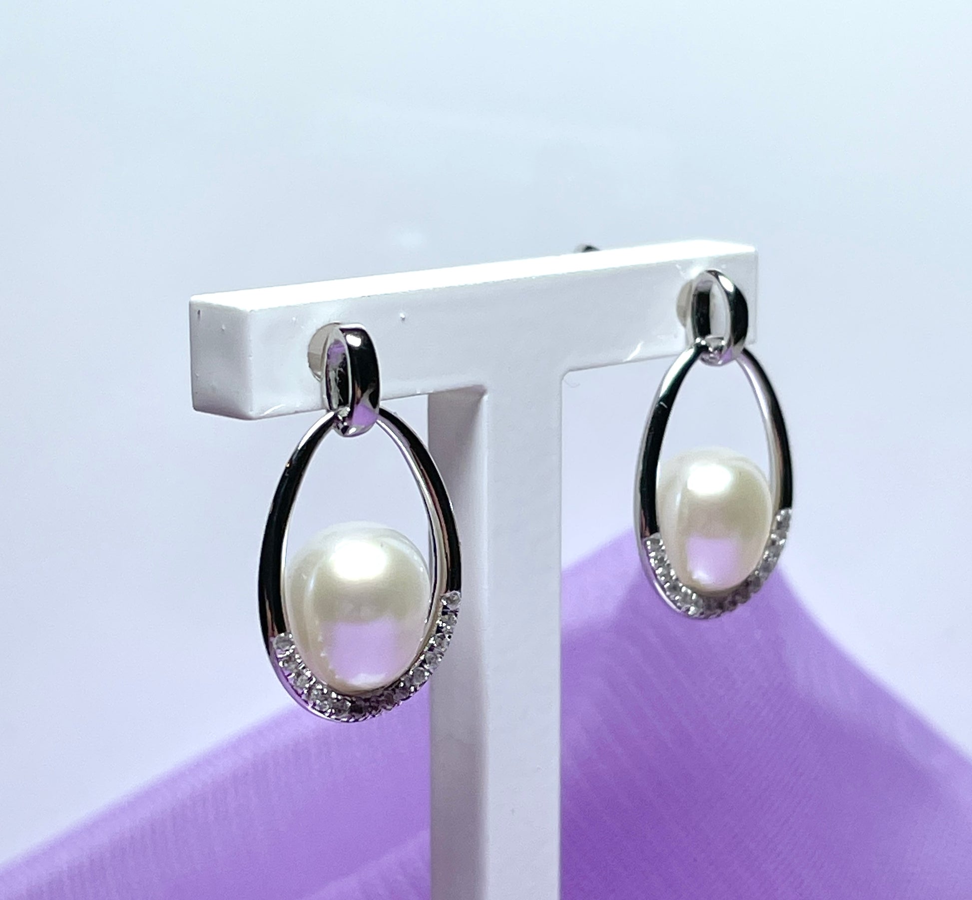 Real freshwater cultured pearl sterling silver caged halo oval drop earrings