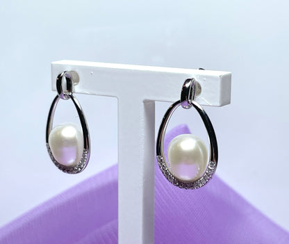 Real freshwater cultured pearl sterling silver caged halo oval drop earrings