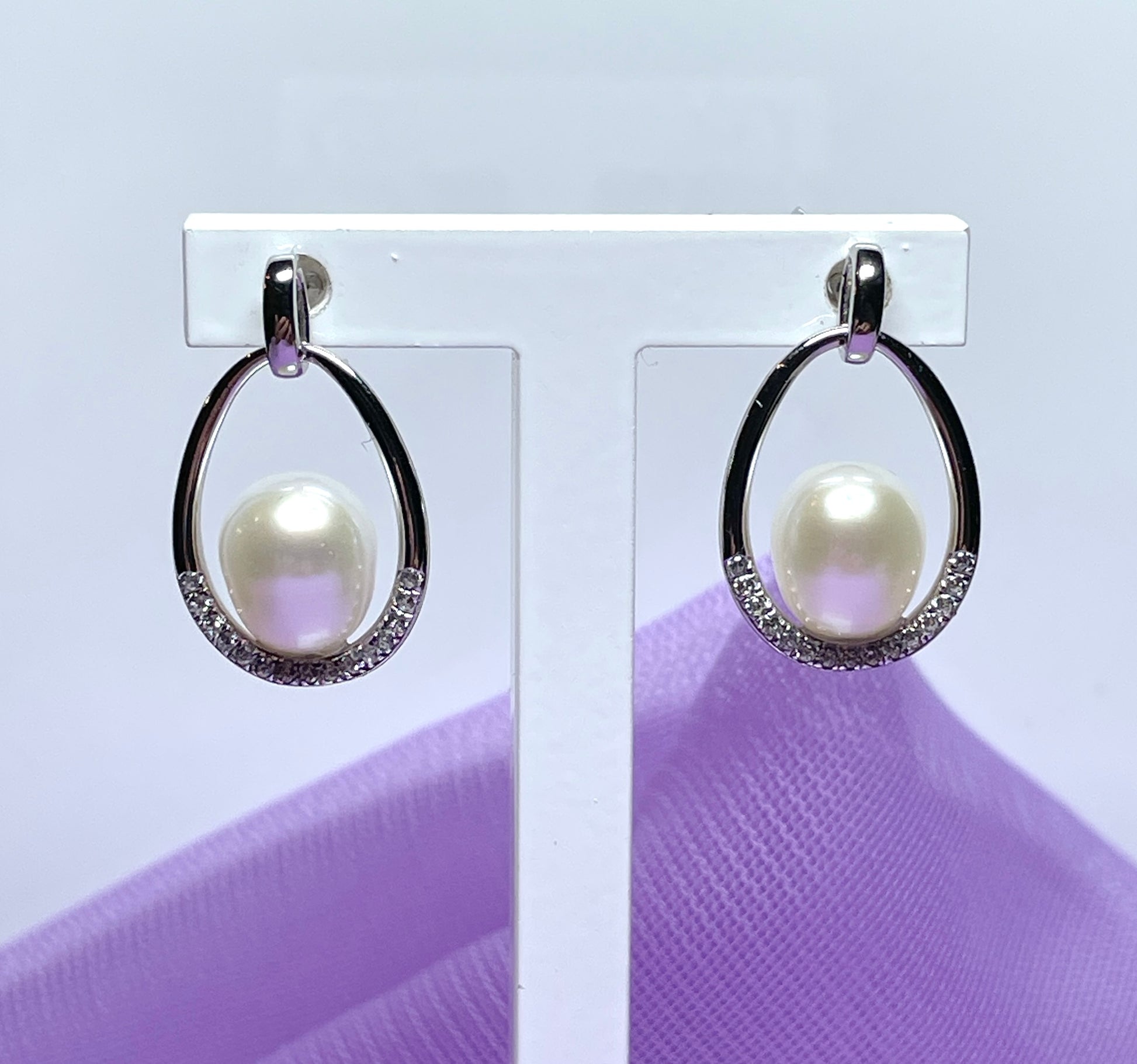 Real freshwater cultured pearl sterling silver caged halo oval drop earrings