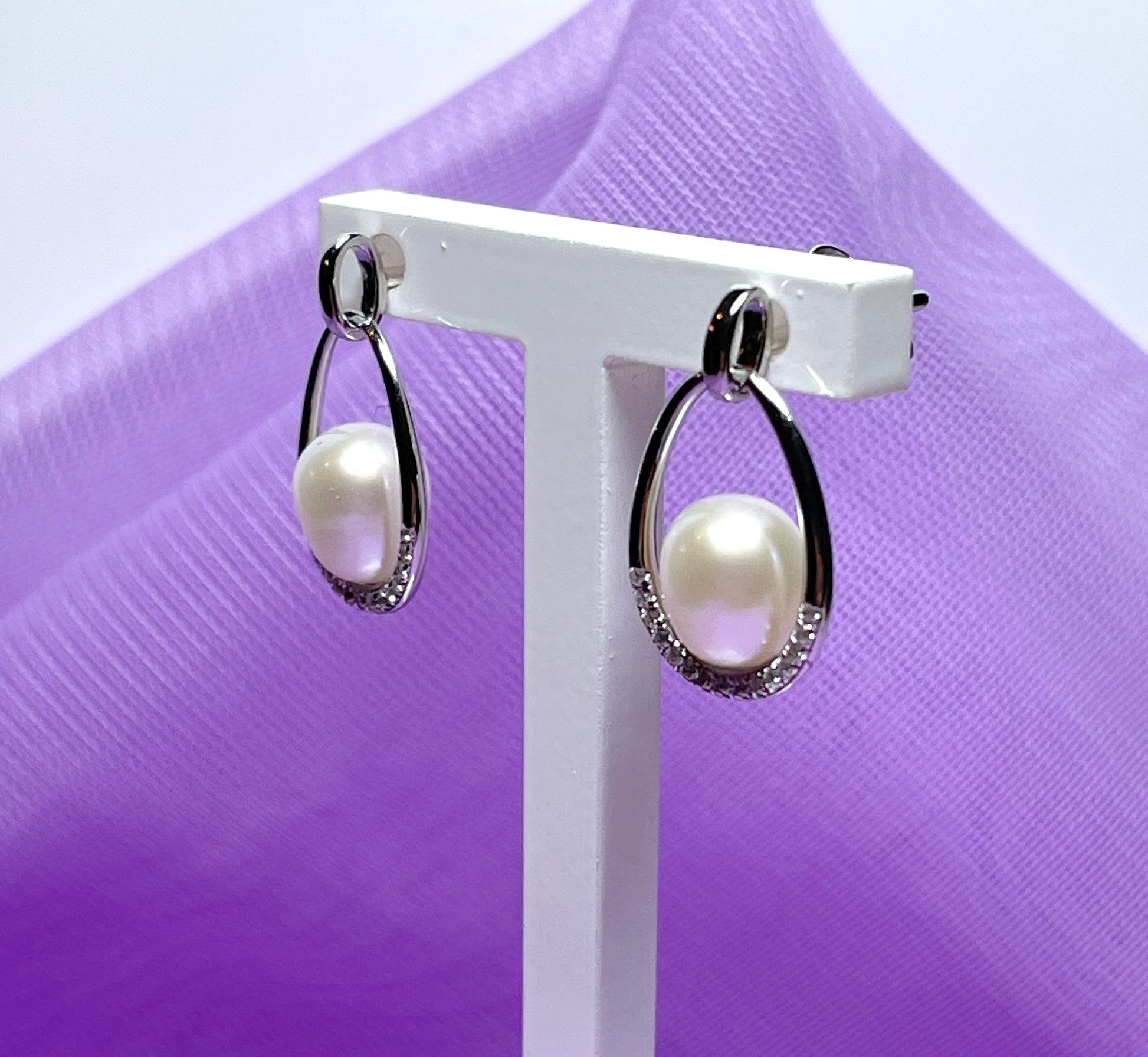 Real freshwater cultured pearl sterling silver caged halo oval drop earrings