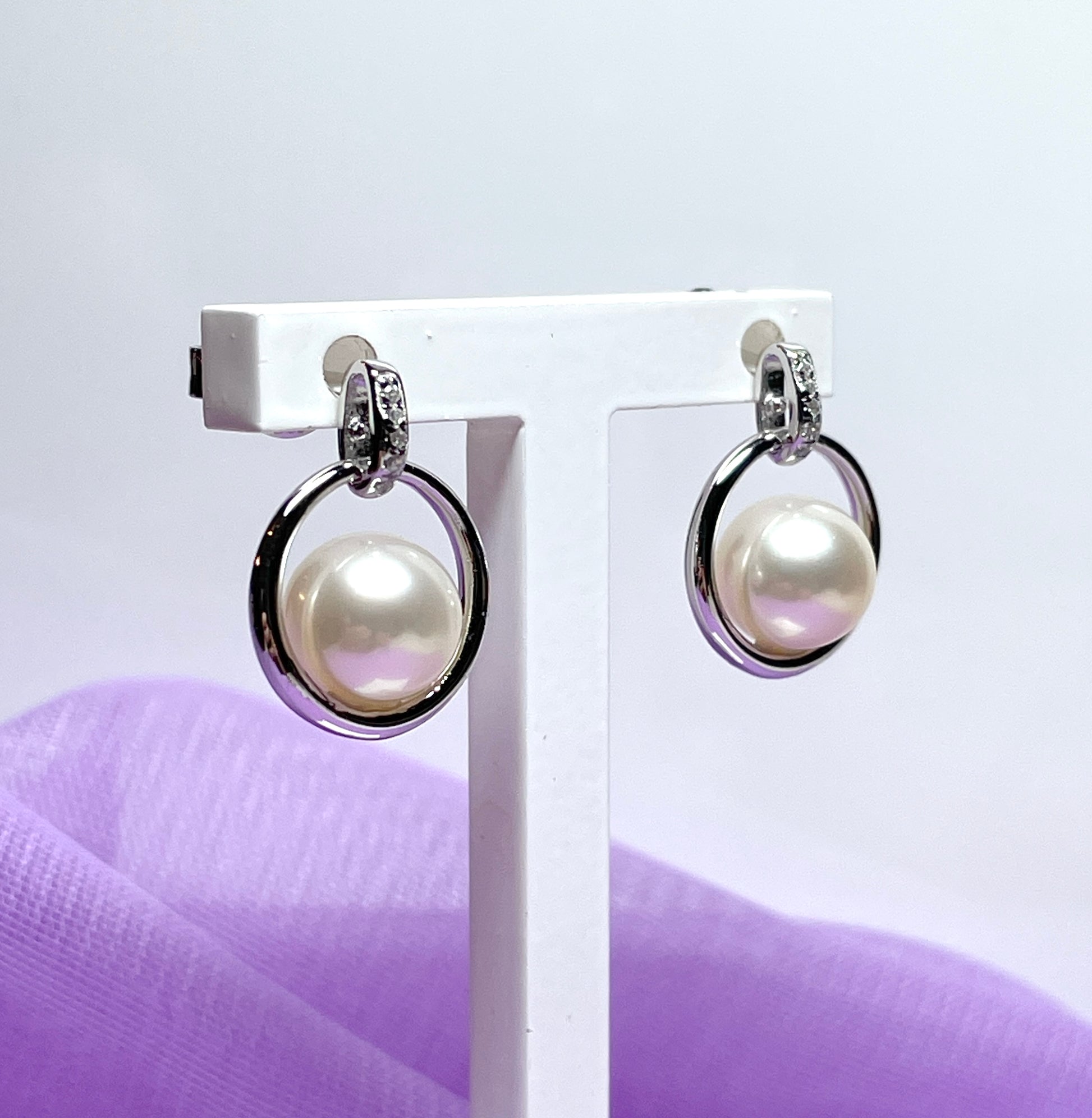 Real freshwater cultured pearl sterling silver halo round drop earrings