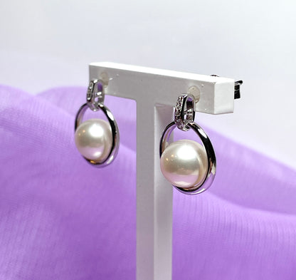 Real freshwater cultured pearl sterling silver halo round drop earrings