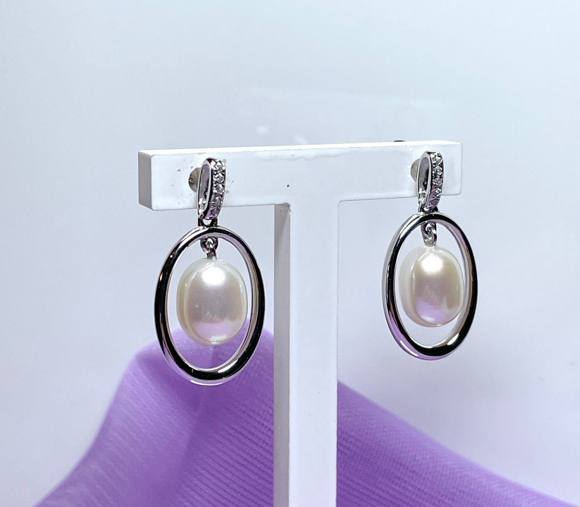 Real freshwater cultured pearl sterling silver halo oval drop earrings