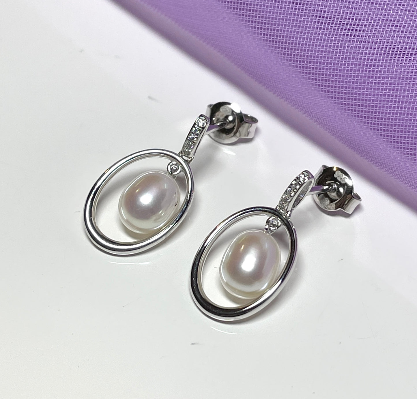 Real freshwater cultured pearl sterling silver halo oval drop earrings