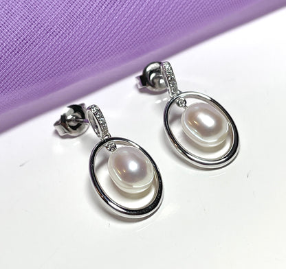 Real freshwater cultured pearl sterling silver halo oval drop earrings