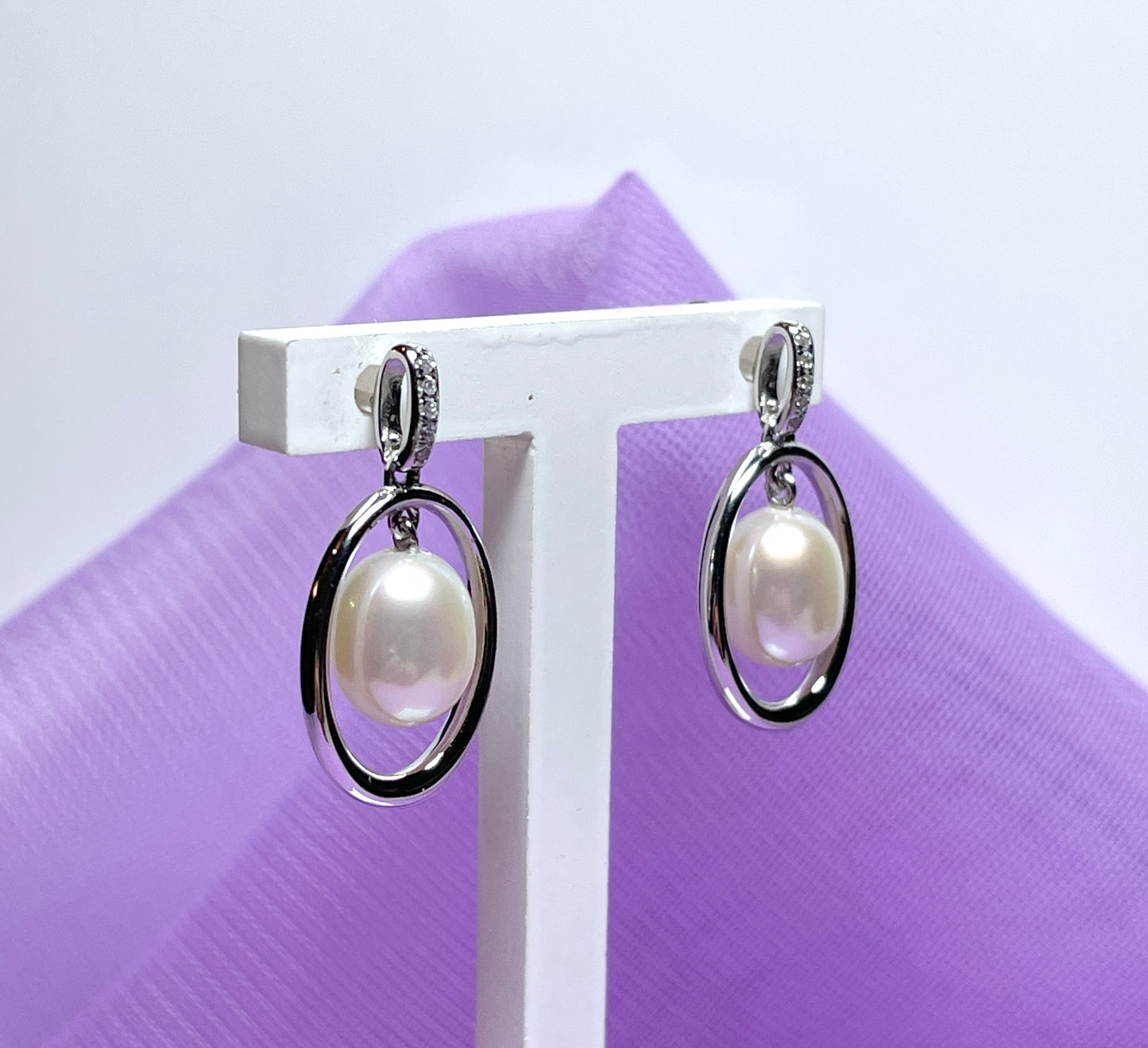 Real freshwater cultured pearl sterling silver halo oval drop earrings