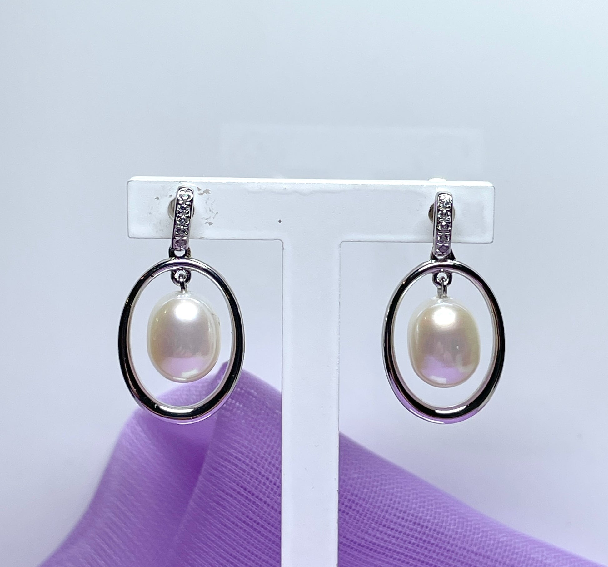 Real freshwater cultured pearl sterling silver halo oval drop earrings