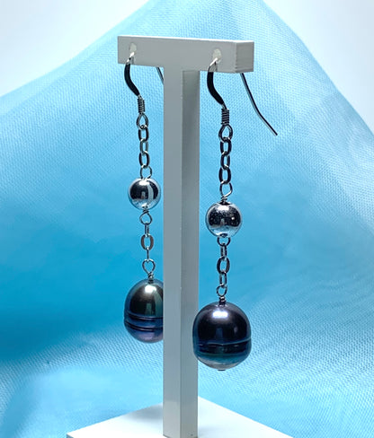 Real freshwater grey black pearl drop earrings sterling silver