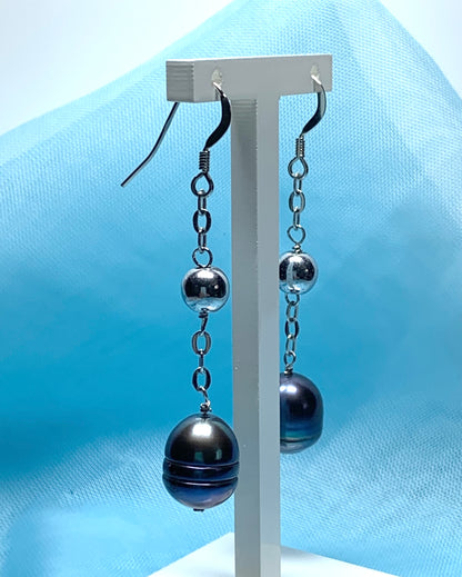 Real freshwater grey black pearl drop earrings sterling silver