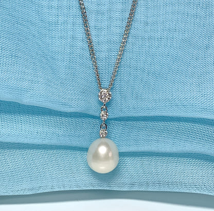 Real freshwater pearl and cubic zirconia sterling silver necklace drop pendant