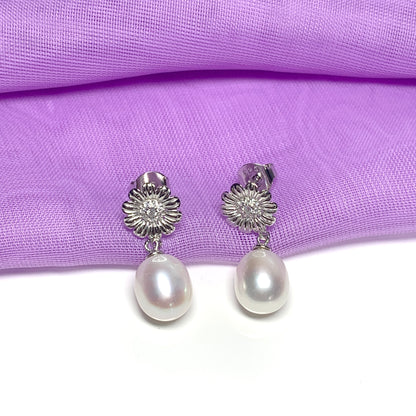 Real freshwater pearl flower sparkling drop earrings