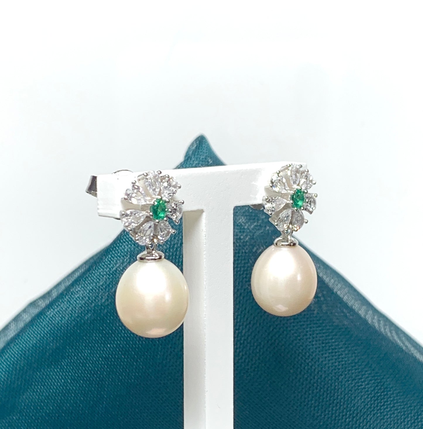 Real freshwater pearl green and white cubic zirconia flower petal silver drop earrings