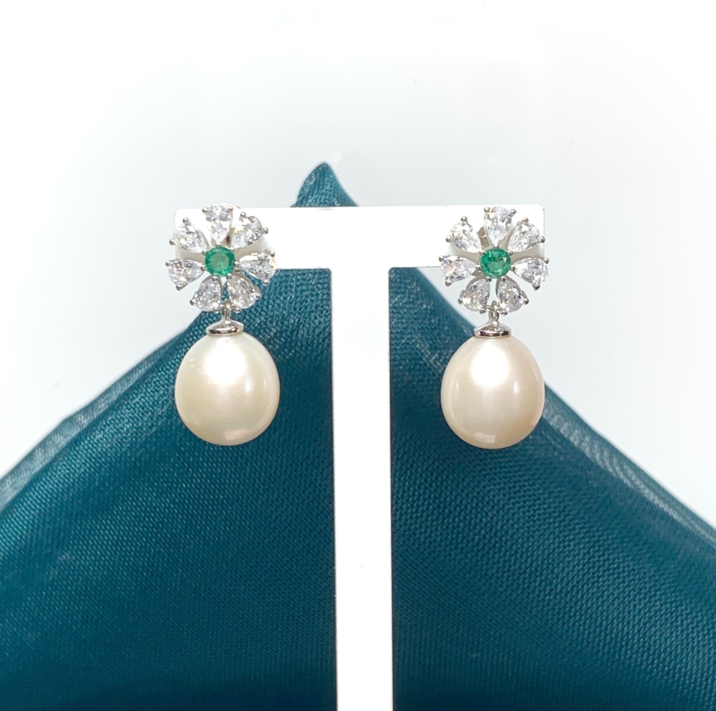 Real freshwater pearl green and white cubic zirconia flower petal silver drop earrings