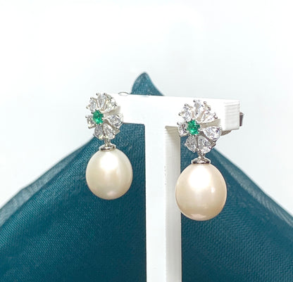 Real freshwater pearl green and white cubic zirconia flower petal silver drop earrings