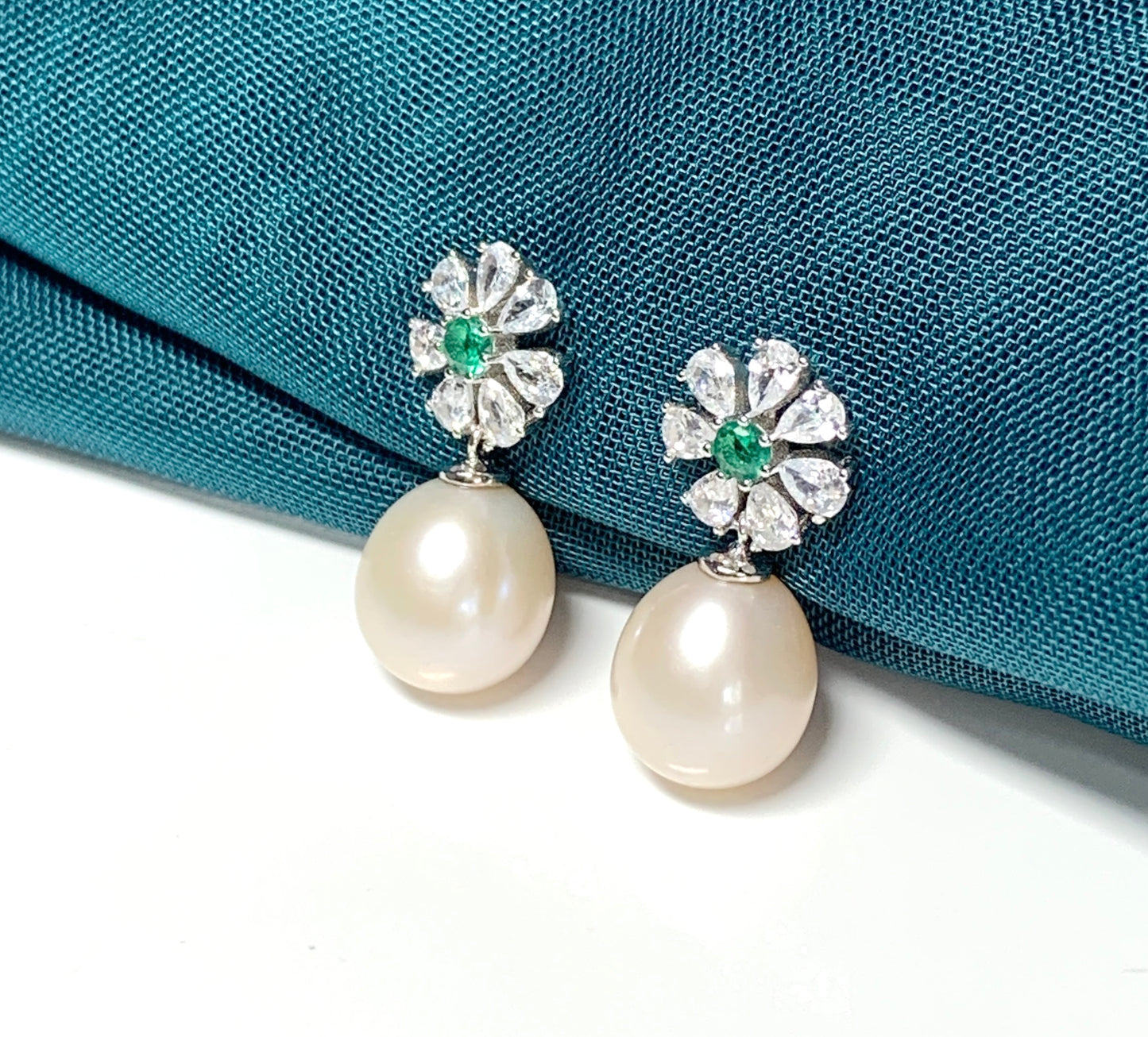 Real freshwater pearl green and white cubic zirconia flower petal silver drop earrings