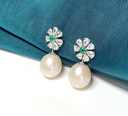 Real freshwater pearl green and white cubic zirconia flower petal silver drop earrings