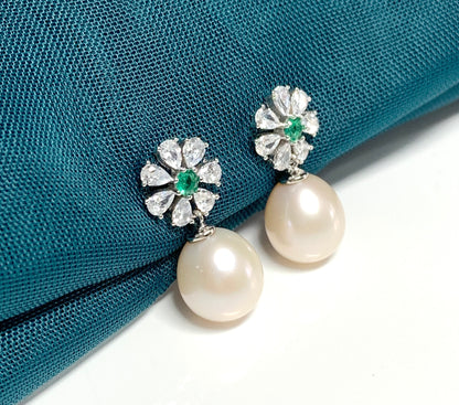 Real freshwater pearl green and white cubic zirconia flower petal silver drop earrings