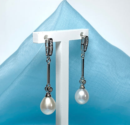 Real cultured freshwater pearl long drop earrings sterling silver