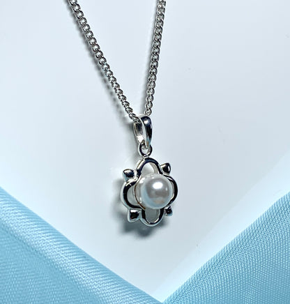 Real freshwater pearl open flower petal sterling silver necklace pendant