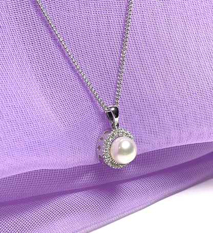 Real freshwater pearl sterling silver round necklace cubic zirconia