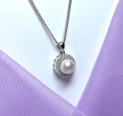 Real freshwater pearl sterling silver round necklace cubic zirconia