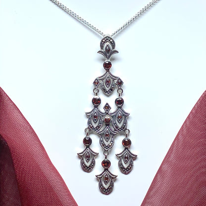 Large real garnet and marcasite long open pierced silver necklace