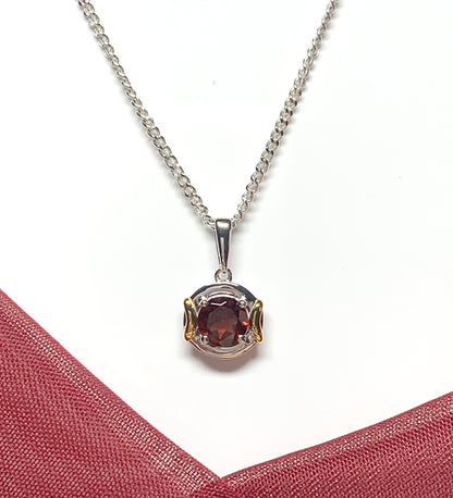 Real garnet necklace two tone sterling silver silver gilt pendant