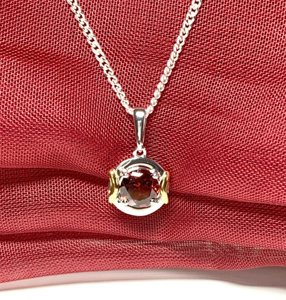 Real garnet necklace two tone sterling silver silver gilt pendant