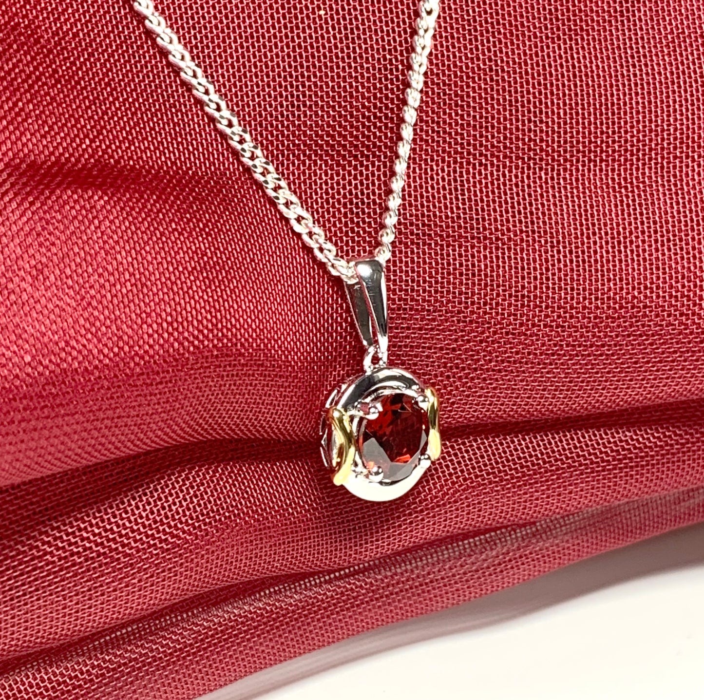 Real garnet necklace two tone sterling silver silver gilt pendant