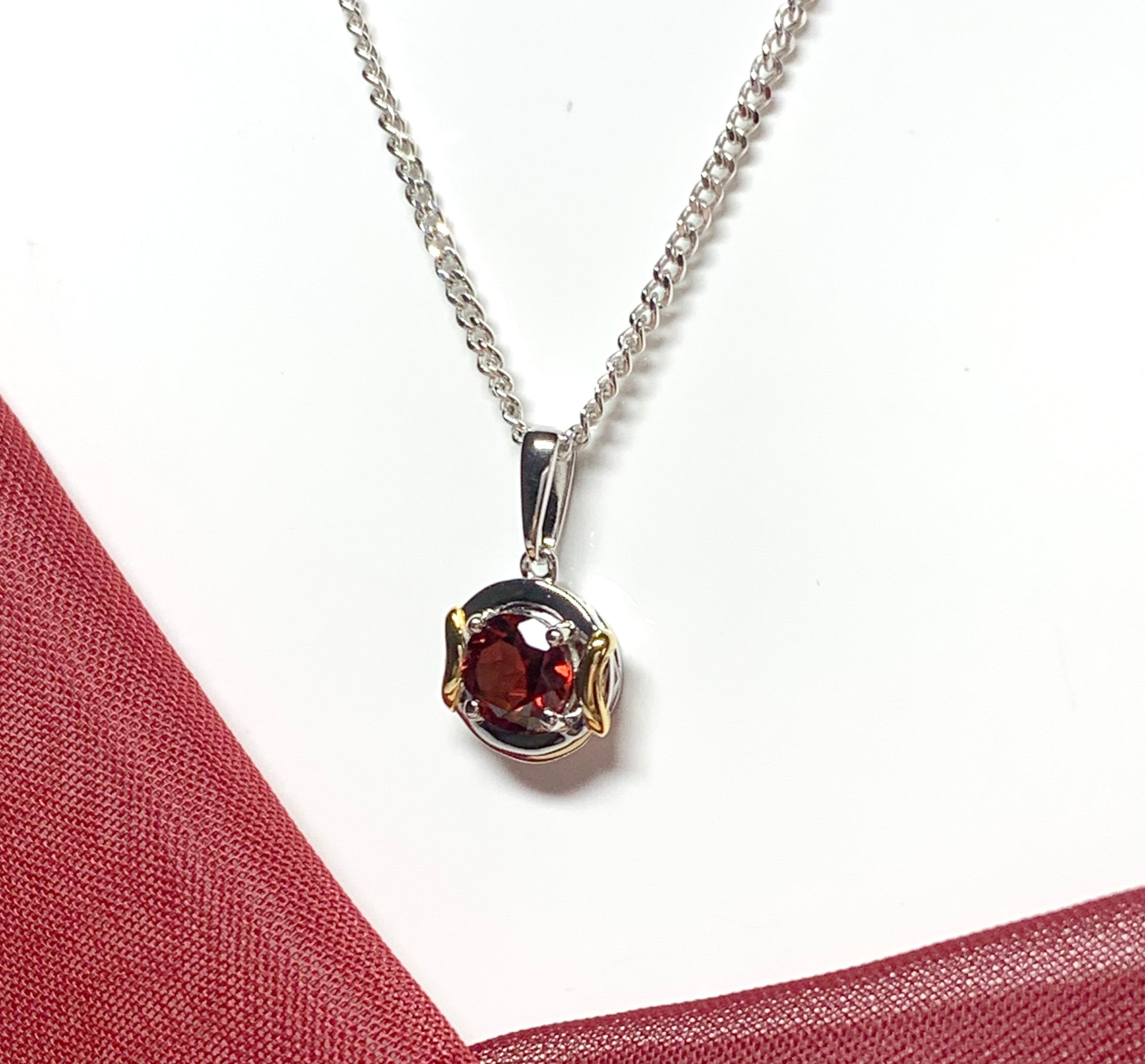 Real garnet necklace two tone sterling silver silver gilt pendant