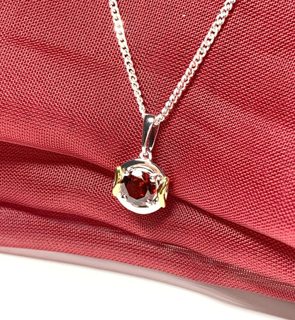 Real garnet necklace two tone sterling silver silver gilt pendant