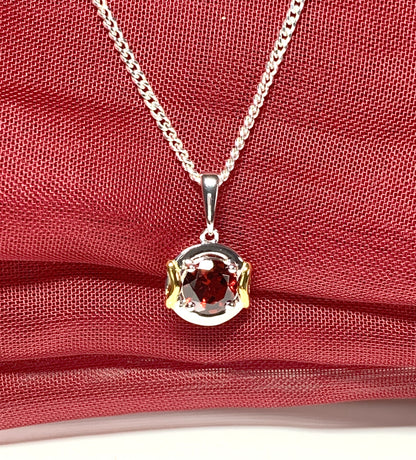 Real garnet necklace two tone sterling silver silver gilt pendant