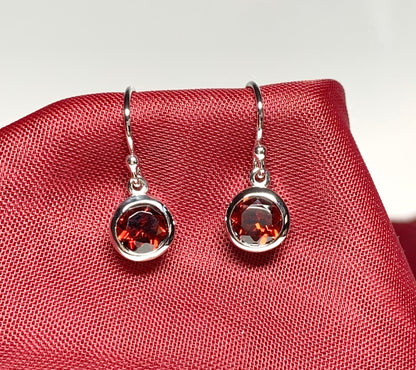 Real red garnet round shaped drop earrings sterling silver