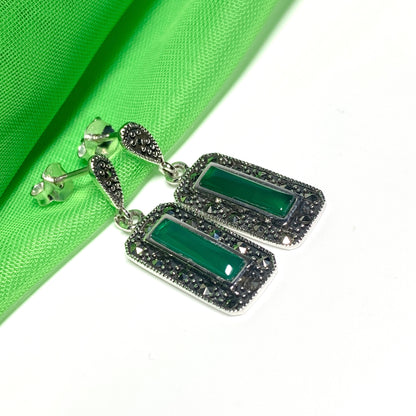 Real green agate and marcasite drop earrings sterling silver